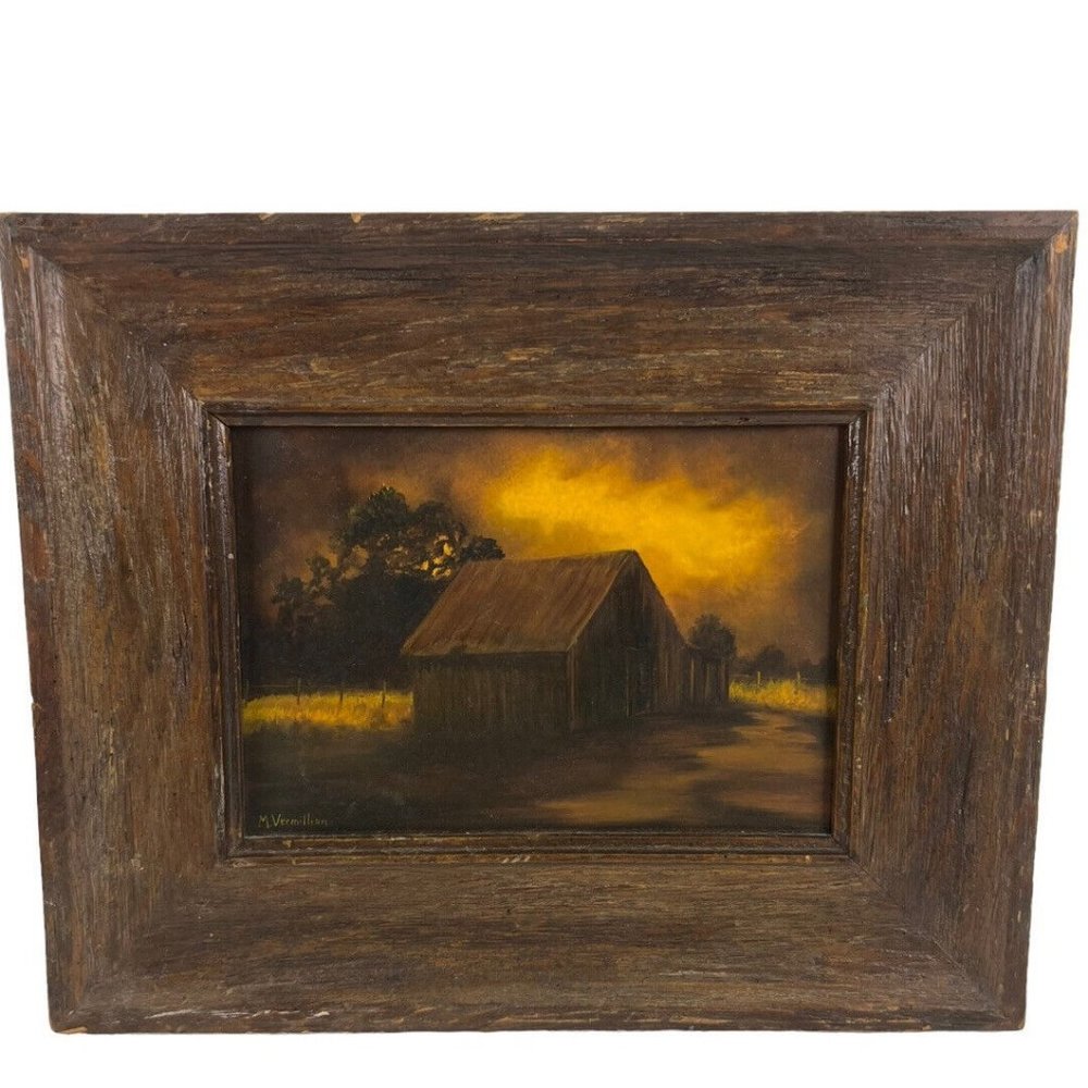 TEXAS ARTIST M. VERMILLION SIGNED OIL LANDSCAPE PAINTING-CABIN YELLOW SKY TREES